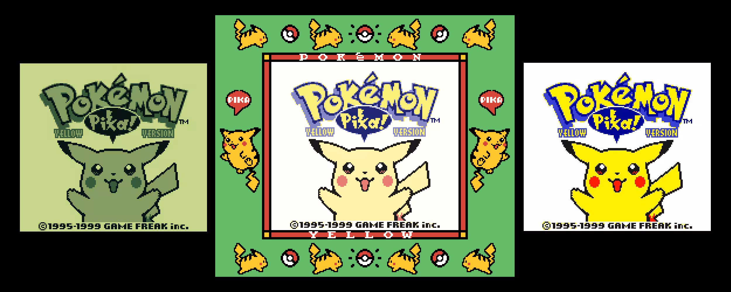 Screenshots of Pokemon Yellow on a DMG, SGB, and GBC side-by-side