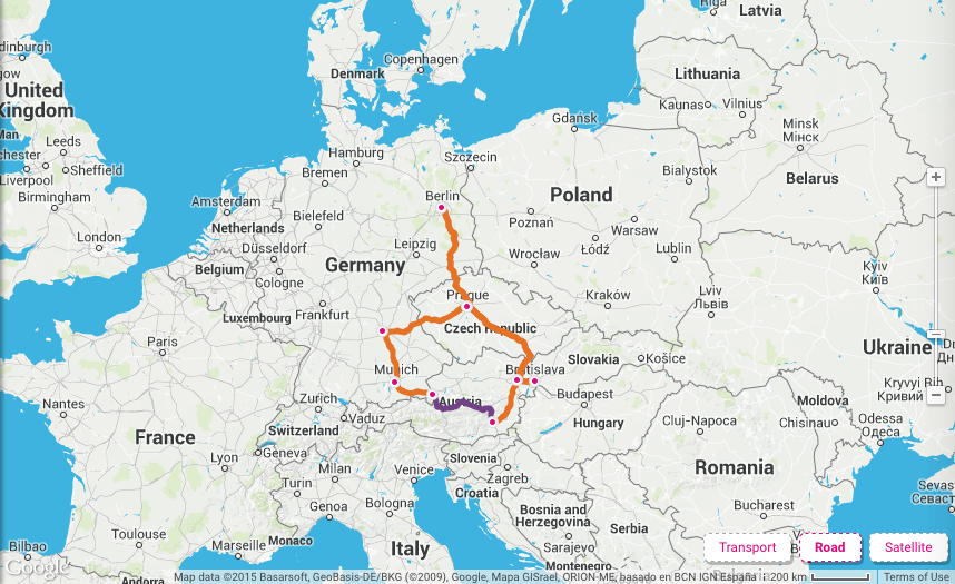 Map of Europe showing my travel route